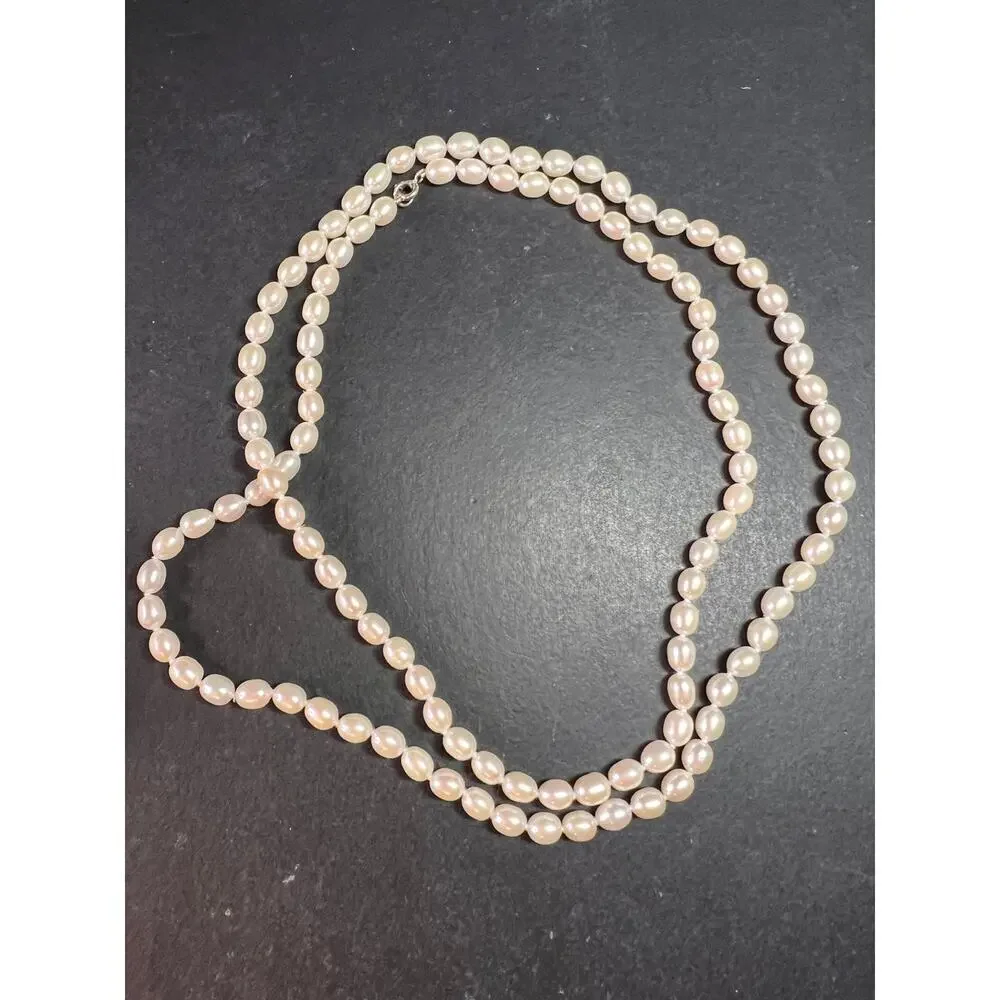 Estate 36” White Cultured Freshwater Pearl Necklace 925 Sterling - Picture 7 of 8